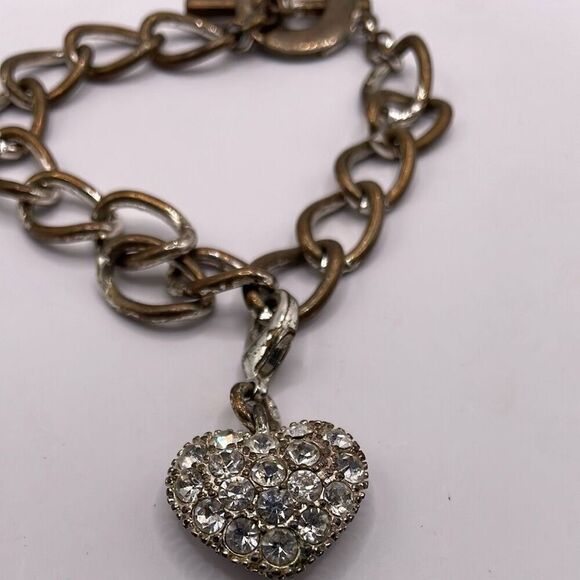 MONET Silvertone Chain Rhinestone Heart Charm Toggle Clasp Vintage Flawed - Picture 2 of 6